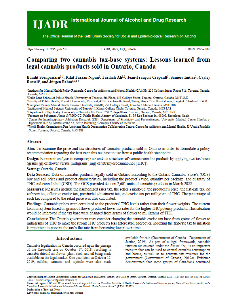 'Comparing two cannabis tax-base systems: Lessons learned from legal cannabis products sold in Ontario, Canada.' dokumentuaren azalaren erreprodukzio osoa