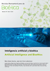 Reproducci&oacute;n total de la portada del documento 'Inteligencia artificial y bio&eacute;tica (Revista Iberoamericana de Bio&eacute;tica, N&ordm; 25, 2024)'