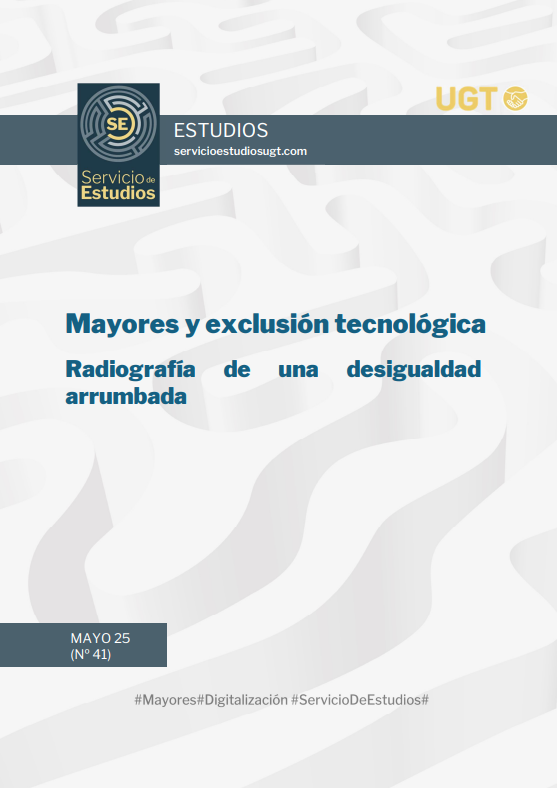 'Mayores y exclusi&oacute;n tecnol&oacute;gica. Radiograf&iacute;a de una desigualdad arrumbada.' dokumentuaren azalaren erreprodukzio osoa